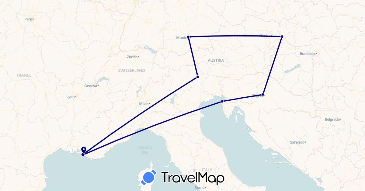 TravelMap itinerary: driving in Germany, France, Croatia, Italy, Slovenia, Slovakia (Europe)